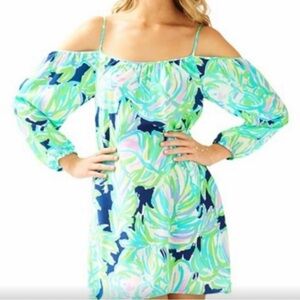Lilly Pulitzer Candice Open Shoulder Dress In Resort Navy Uptown Trunk.Size med